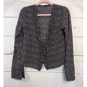 ZARA‎ Size MED Top Tie Front Long Sleeves Black Pink Green Print CUTE!